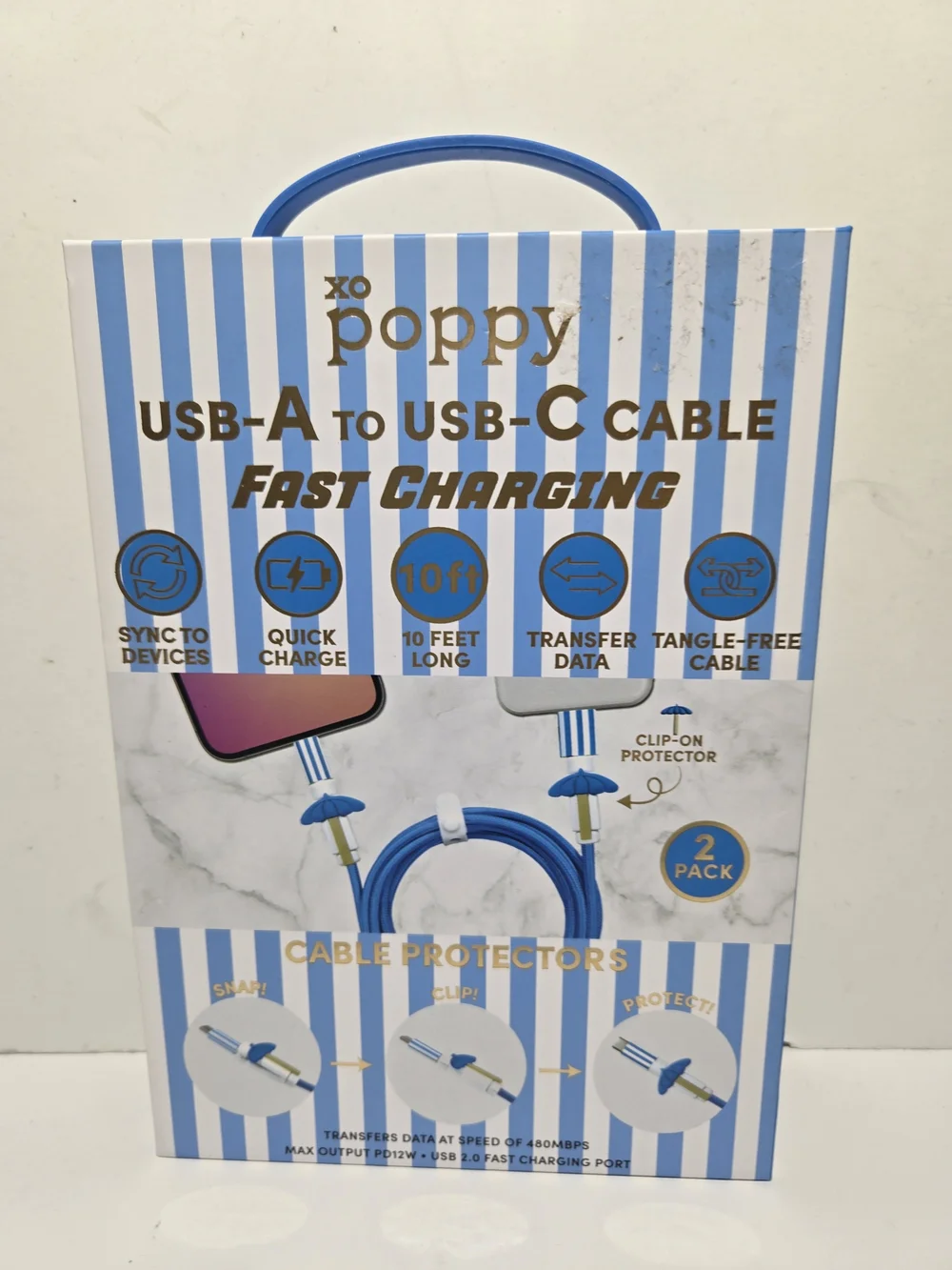 XO Poppy 10ft USB-A to USB-C Fast Charging Cable Blue